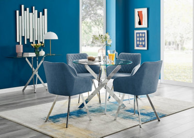 Furniturebox Uk Novara Chrome Metal Round Glass Dining Table And 4 Falun Leg Chairs Blue/Silver