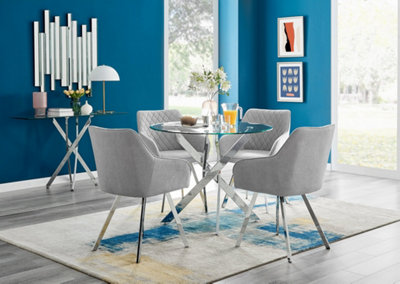 Furniturebox Uk Novara Chrome Metal Round Glass Dining Table And 4 Falun Leg Chairs Light/Grey/Silver