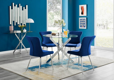 Furniturebox Uk Novara Chrome Metal Round Glass Dining Table And 4 Nora Leg Chairs Blue/Silver