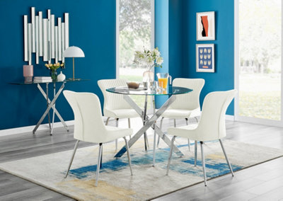 B&Q -  Uk Novara Chrome Metal Round Glass Dining Table And 4 Cream Nora Silver Leg Chairs