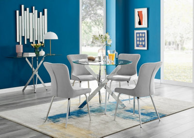 B&Q -  Uk Novara Chrome Metal Round Glass Dining Table And 4 Light Grey Nora Silver Leg Chairs