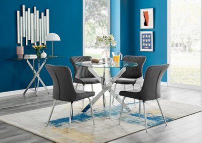 B&Q -  Uk Novara Chrome Metal Round Glass Dining Table And 4 Dark Grey Nora Silver Leg Chairs