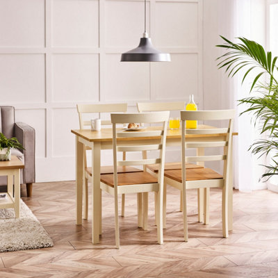 Furniturebox Cream Uk Salcombe Rectangular Wooden Table & 4 Whitby Dining Chairs With Oak Colour Seats Small