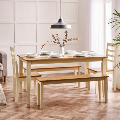 Furniturebox Cream Salcombe Rectangular Wooden Table With 2 Whitby Chairs & 2 Benches Large