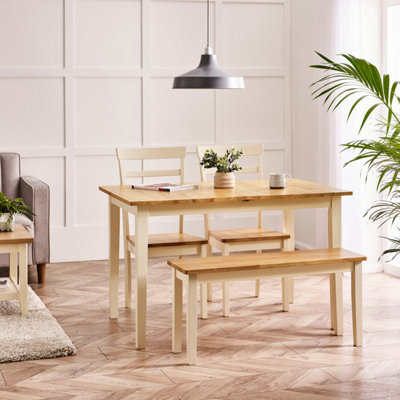 Furniturebox Salcombe Extending Rectangular Wooden Table With 2 Whitby Chairs & 1 Small Bench Cream