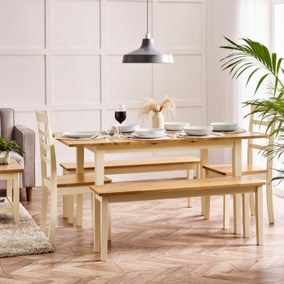 B&Q -  Salcombe Extending Rectangular Wooden Table With 2 Whitby Chairs & 2 Large Benches