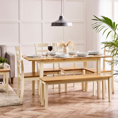 Furniturebox Salcombe Extending Rectangular Wooden Table With 4 Whitby Chairs & 1 Large Bench Cream