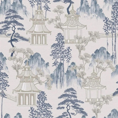 Arthouse Japanese Pagoda Floral Blue Grey Flowers Wallpaper -924803 from B&Q