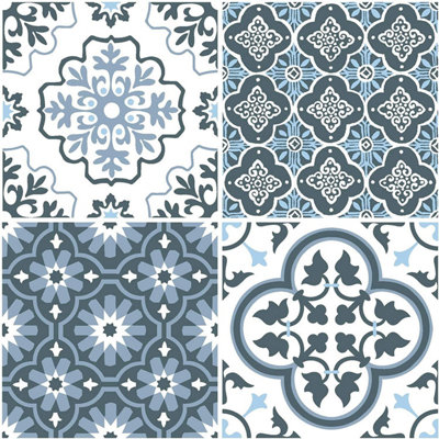 Fine Décor Floorpops Myriad Self Adhesive Vinyl Floor Tiles Modern Kitchen Blue/White