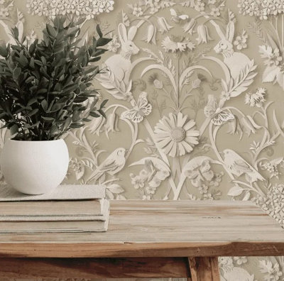 B&Q -  Fine Decor Woodland Natural Wallpaper Floral Leaves Animal Print Feature Wall Fd43606