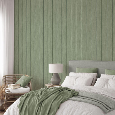 Yes-Online Fine Decor Painted Wood Panel Green Wallpaper Paste The Paper Washable Plank from B&Q