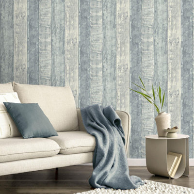 Yes-Online Fine Decor Rustic Wood Stripe Blue Wallpaper Paste The Paper Washable Modern Wooden Panel Plank from B&Q