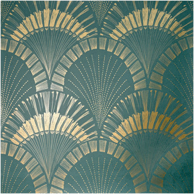 Fine Décor Gold Art Deco Inspired Wallpaper Classic Metallic Fan Print Teal Feature Wall 10.05M B&Q
