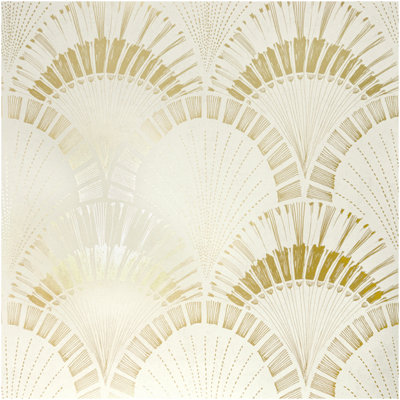 Fine Décor Cream/Gold Art Deco Inspired Wallpaper Classic Metallic Fan Print Feature Wall 10.05M B&Q