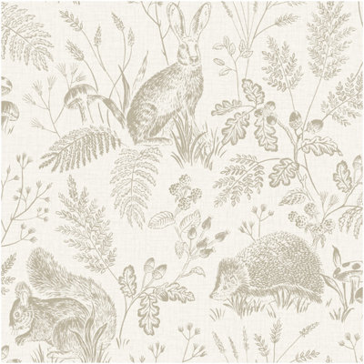 Fine Décor Beige/White Woodland Animals Wallpaper Natural Rabbits Trees Feature Wall 10.05M B&Q