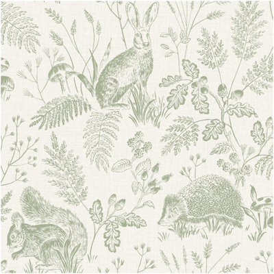Fine Décor Green/White Woodland Animals Wallpaper Sage Natural Rabbits Trees Feature Wall 10.05M B&Q