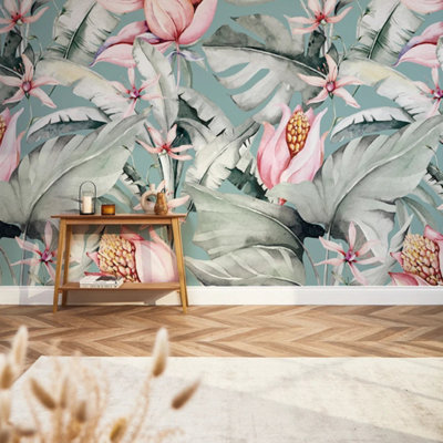 I Love Wallpaper Exotic Flowers Mural In TealGreen And Pink from B&Q