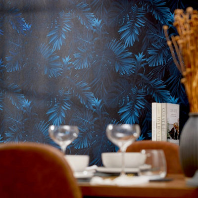 I Love Wallpaper Midnight Tropics Wallpaper In Navy from B&Q