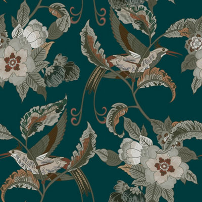 I Love Wallpaper Beautiful Birds Wallpaper In Bottle Green from B&Q