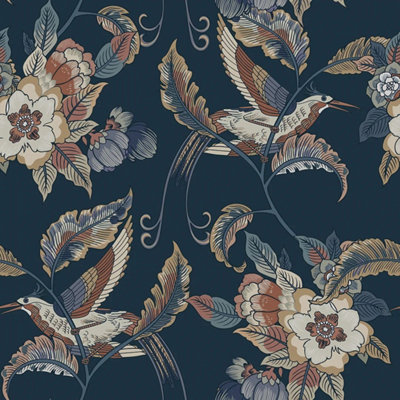I Love Wallpaper Beautiful Birds Wallpaper In Navy from B&Q