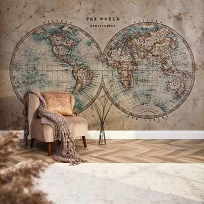 I Love Wallpaper Hemisphere Map Mural In Earthy Tones (350Cm X 240Cm) from B&Q