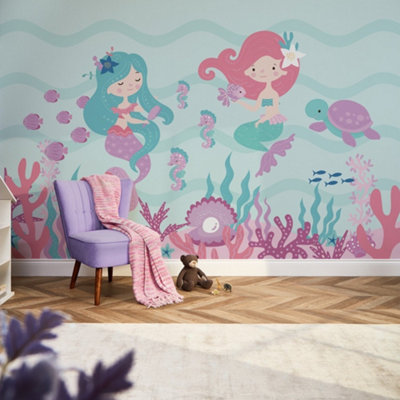 I Love Wallpaper The Magical Mermaids Mural In Pink And Teal (350Cm X 240Cm) from B&Q
