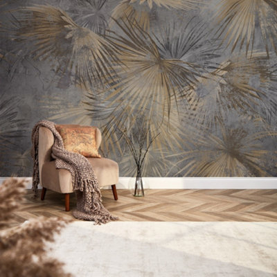 I Love Wallpaper Abstract Palm Mural In Grey And Sand (350Cm X 240Cm) from B&Q