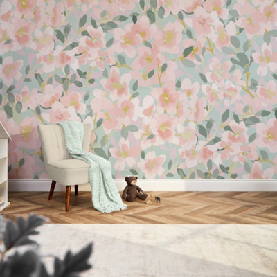 I Love Wallpaper Fresh Flowers Mural In Pink And Duck Egg (350Cm X 240Cm) from B&Q