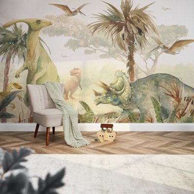 I Love Wallpaper Jurassic Mural In Watercolour Greens (350Cm X 240Cm) from B&Q