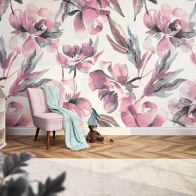 I Love Wallpaper In Bloom Mural In Watercolour Pinks (350Cm X 240Cm) from B&Q