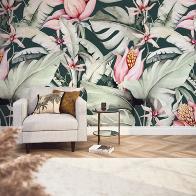 I Love Wallpaper Exotic Flowers Mural In CharcoalGreen And Pink from B&Q