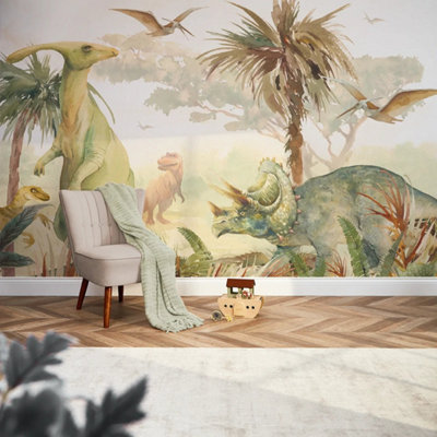 I Love Wallpaper Jurassic Mural In Watercolour Greens from B&Q