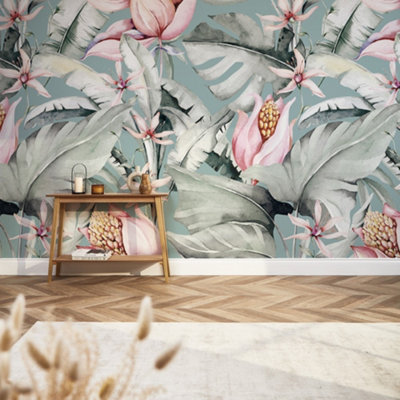 I Love Wallpaper Exotic Flowers Mural In Teal And Green And Pink (350Cm X 240Cm) from B&Q