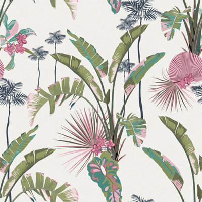 I Love Wallpaper Tropical Paradise Wallpaper In Pink And Green On Cream from B&Q