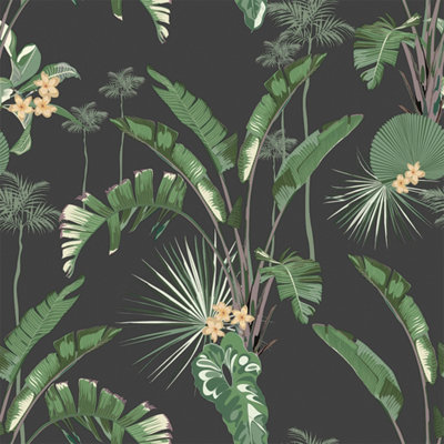 I Love Wallpaper Tropical Paradise Wallpaper In Green On Charcoal from B&Q
