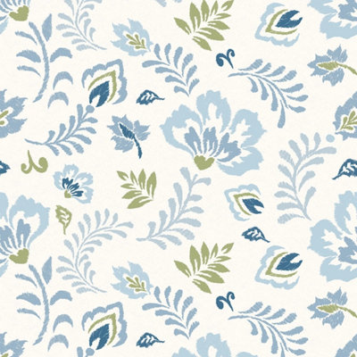 I Love Wallpaper Folk Foliage Wallpaper In Blue And Sage On Cream from B&Q