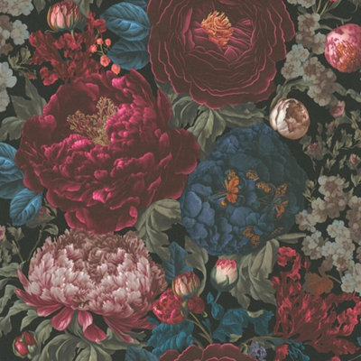 I Love Wallpaper Grand Peony Garden Wallpaper In Burgundy And Blue from B&Q