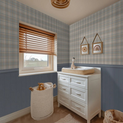 I Love Wallpaper Traditional Check Panel Wallpaper In Cream And Blue With Blue Panel from B&Q