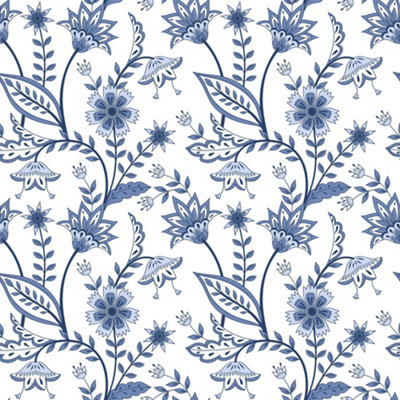 I Love Wallpaper Jacobean Floral Wallpaper In Blue On White from B&Q