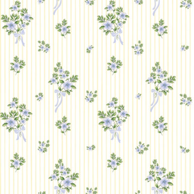 I Love Wallpaper Floral Bouquet Pinstripe Wallpaper In Blue And Yellow from B&Q