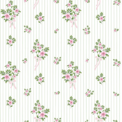 I Love Wallpaper Floral Bouquet Pinstripe Wallpaper In Pink And Sage from B&Q