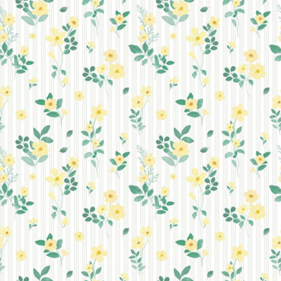 I Love Wallpaper Flowers And Stripes Wallpaper In Lemon Yellow And Sage from B&Q