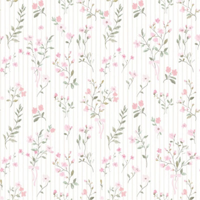 B&Q -  Sample Of Floral Pinstripe Wallpaper In Light Pink And Stone