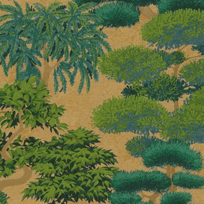 B&Q -  Sample Of Woodland Wonder Wallpaper In Greens And Teal On Gold