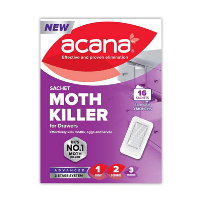 Acana Sachet Moth Killer 16 Sachets (12 Pack)Lavender FragranceKills Moths Eggs & Larvae3 Month ProtectionDrawers from B&Q
