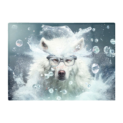 B&Q -  White Wolf With Glasses Splashart Glass Chopping Board