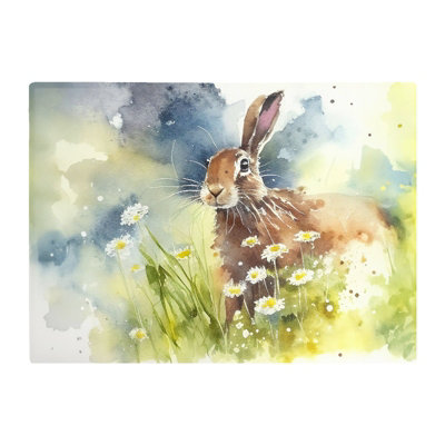 B&Q -  Hare And Daisies Watercolour Glass Chopping Board