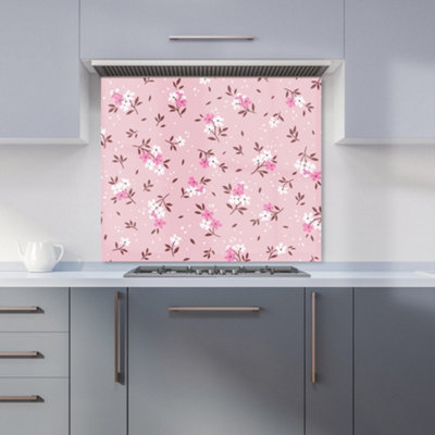 B&Q -  Pretty Pink Flower Pattern Premium Glass Kitchen Splashback W600mm X H750mm