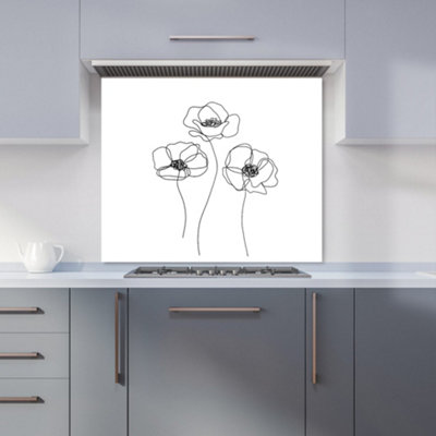 Warren Reed Designer Monochrome Line Drawn Poppies Premium Glass Kitchen Splashback W700mm X H650mm from B&Q