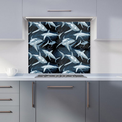 B&Q -  Hand Drawn Shark Pattern Premium Glass Kitchen Splashback W900mm X H750mm